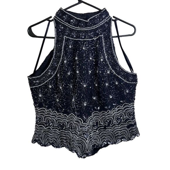 Vintage high neck silk beaded formal glamorous top, sz petite Large - Picture 1 of 6